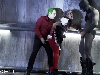Harley Quinn gets brutally double-teamed by Joker & Batman in Unholy costume play episode